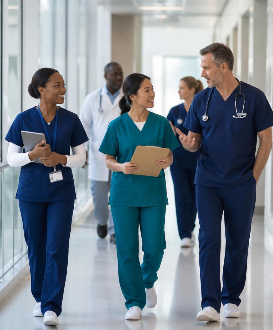 Healthcare professionals walking together in a hospital
