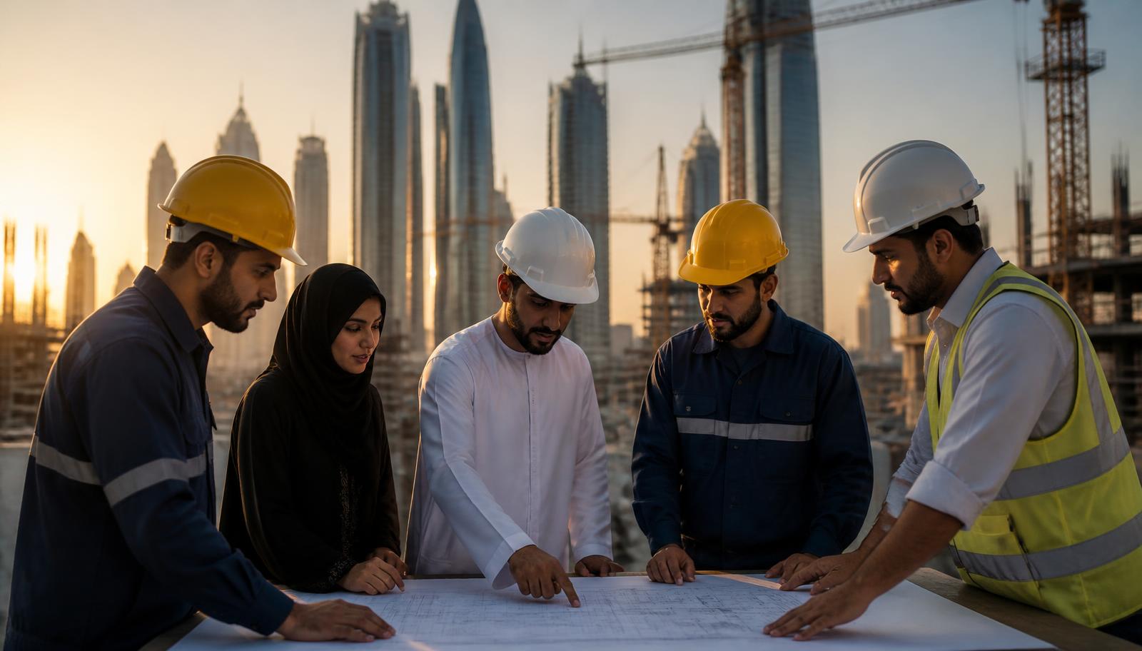 Diverse construction professionals reviewing blueprints in Dubai