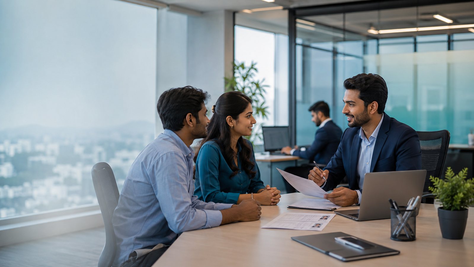 Professionals discussing candidate profiles during an office meeting